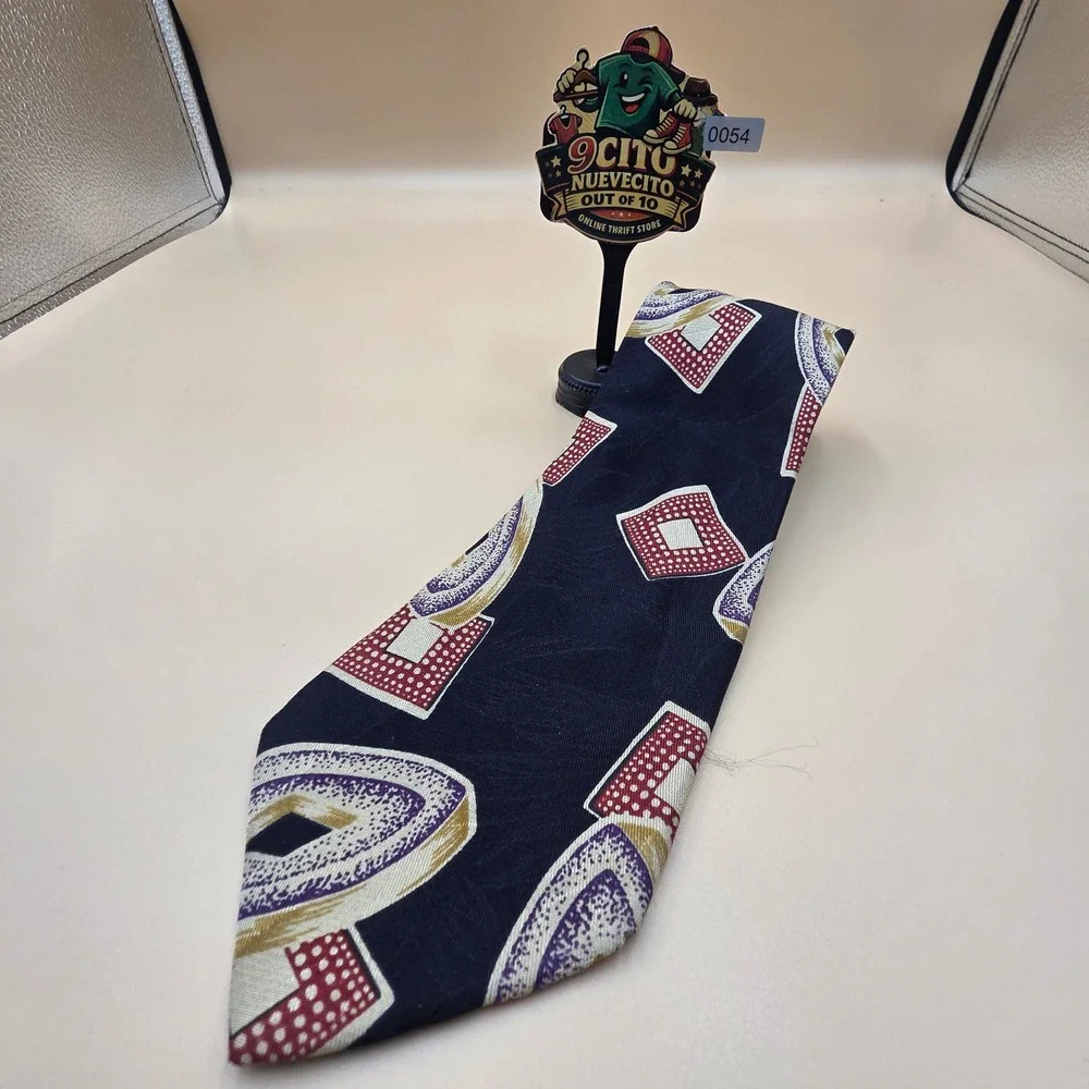 Vintage Boss Mens Silk Necktie Geometric Abstract Purple Gold Navy Made in Italy